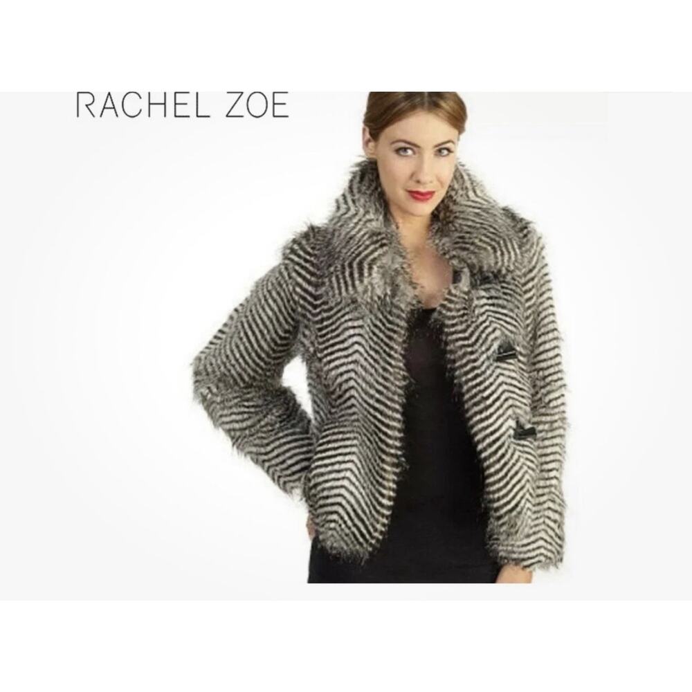 RACHEL ZOE Size Large Zebra Faux Fur Toggle Close Coat Jacket - Picture 2 of 11